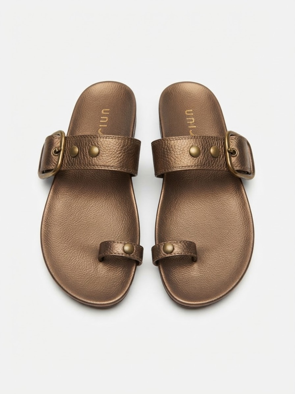 Unisa Metallic Bronze Buckle Toe-Ring Slide Sandals